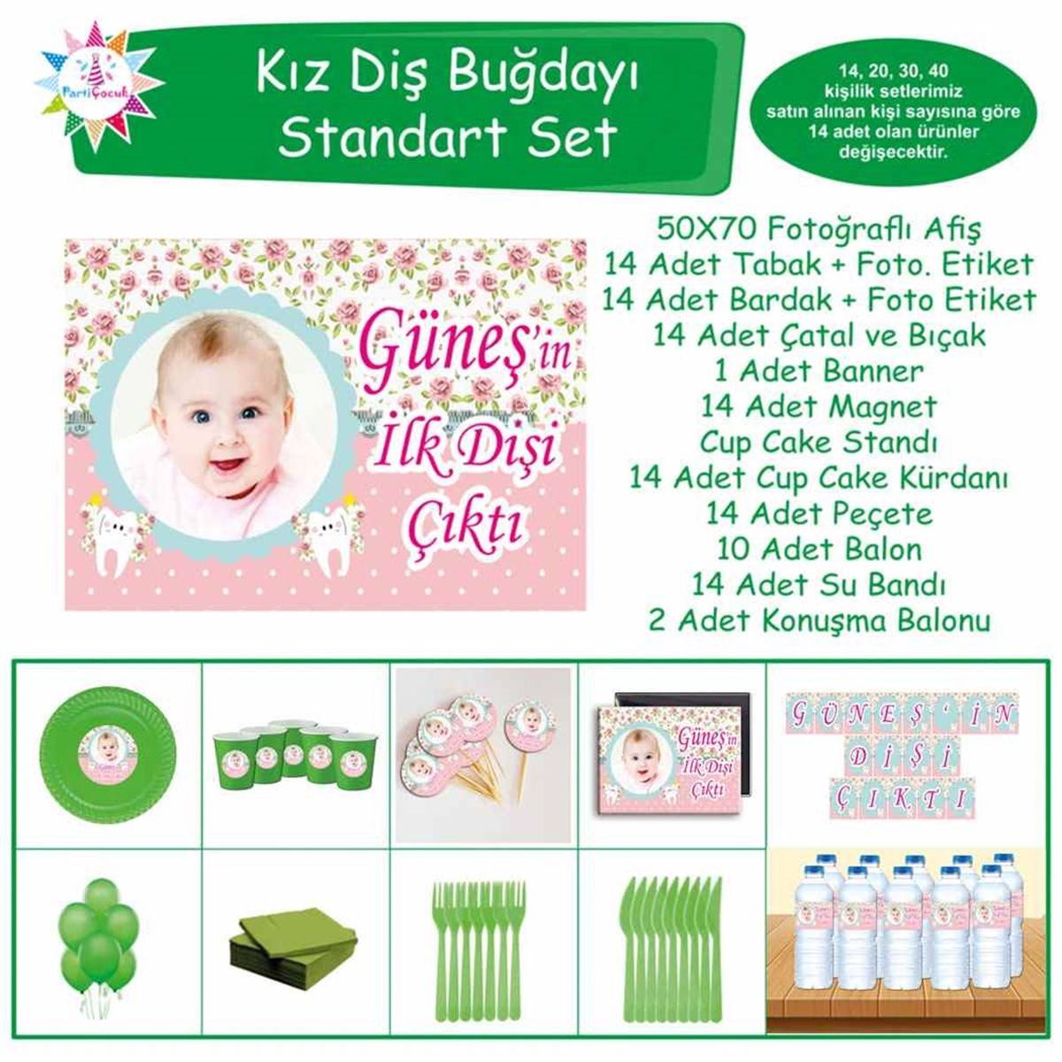 Diş Partisi Pembe Güllü Diş Parti Seti Standart Set 
