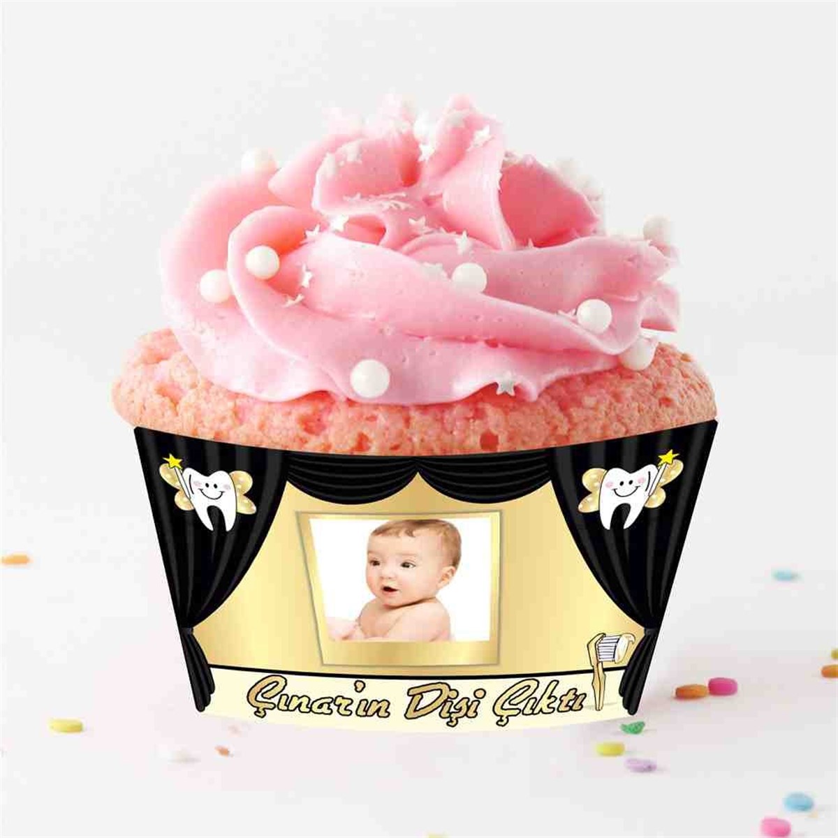 Diş Partisi Siyah Gold Perdeli Konsept Cupcake Sargısı 