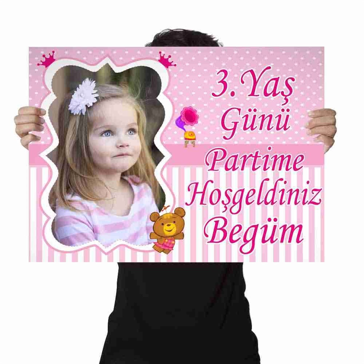 Doğum Günü Afişi Pembe Çizgili Ayılı Konsept 