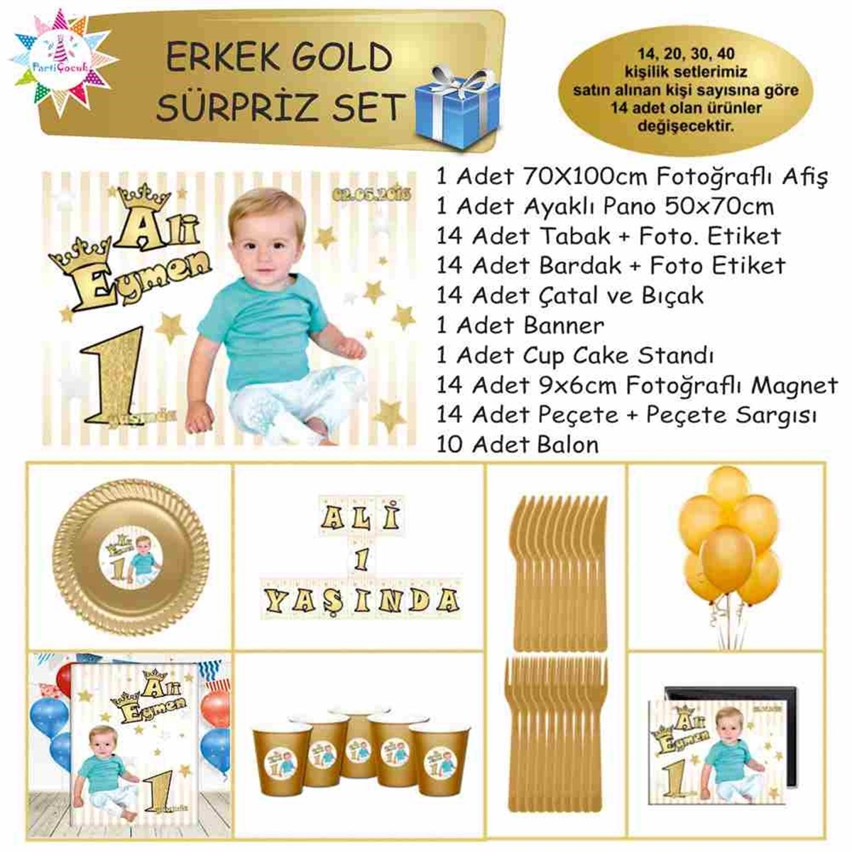 Doğum Günü Gold Yıldızlı Taçlı Konsept SÜpriz Set 