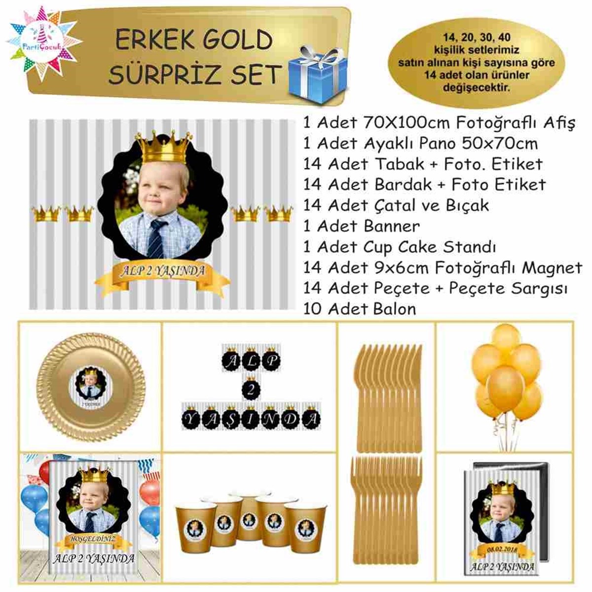 Doğum Günü Gri Gold Taçlı Konsept SÜpriz Set 