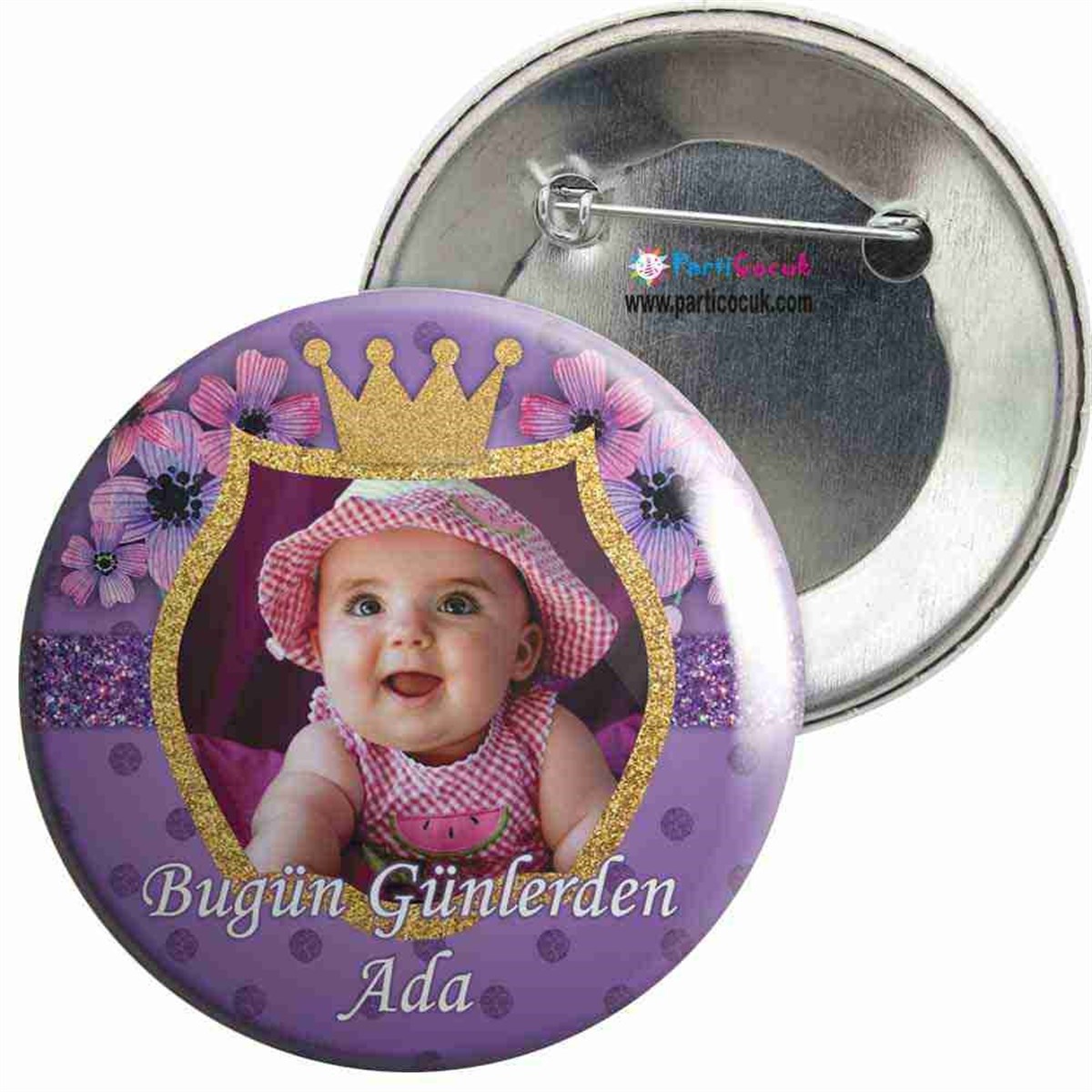 Doğum Günü İğneli Rozet Mor Çiçekli Konsept 