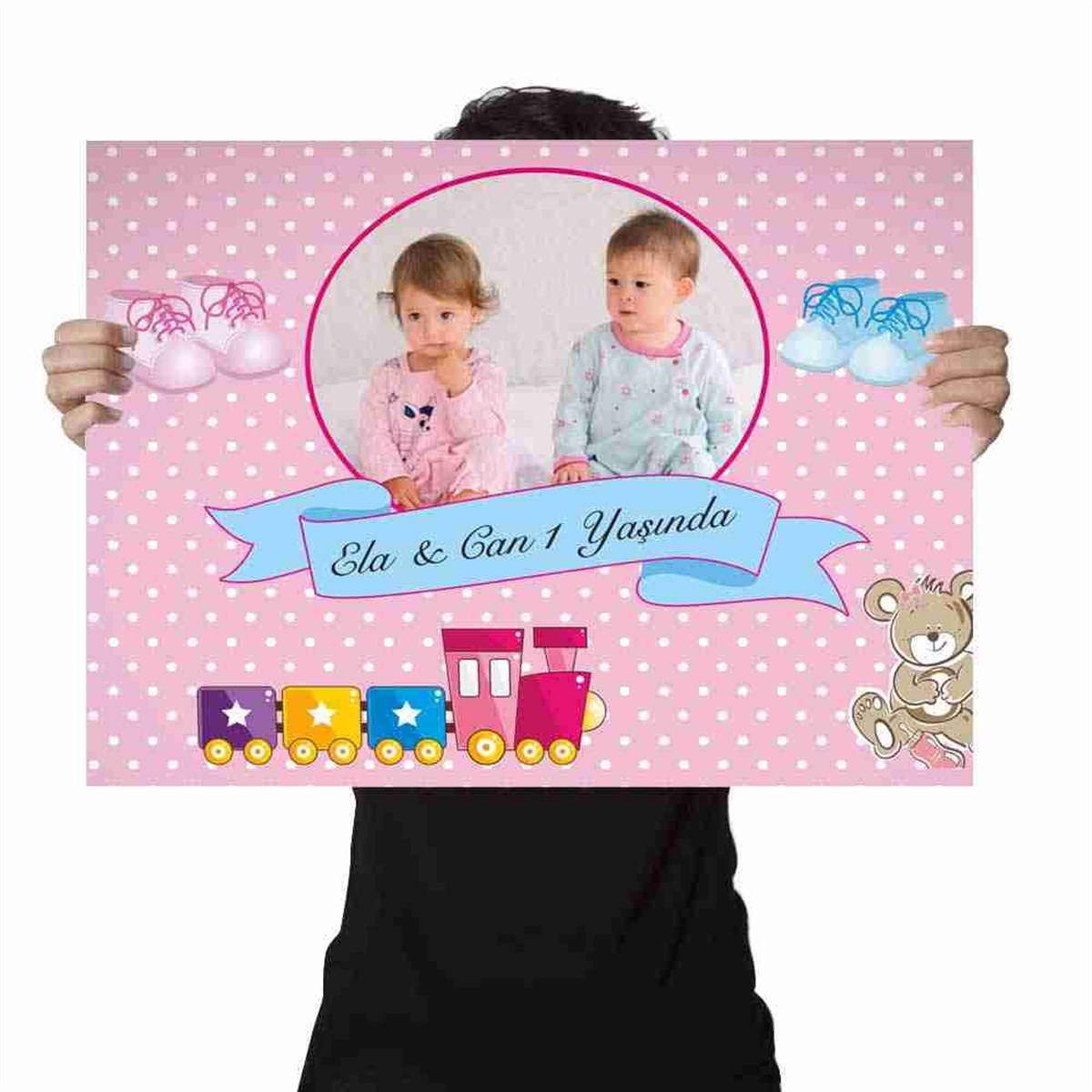 Doğum Günü İkiz Pembe Puantiyeli Ayıcıklı Afiş 