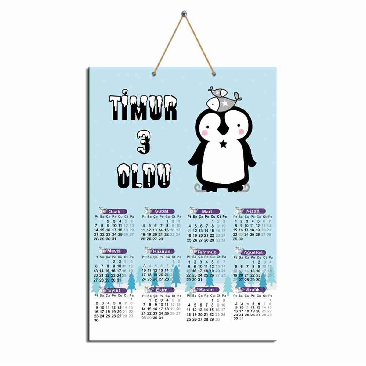 Doğum Günü Kişiye Özel Balıklı Penguen Karton Takvim  