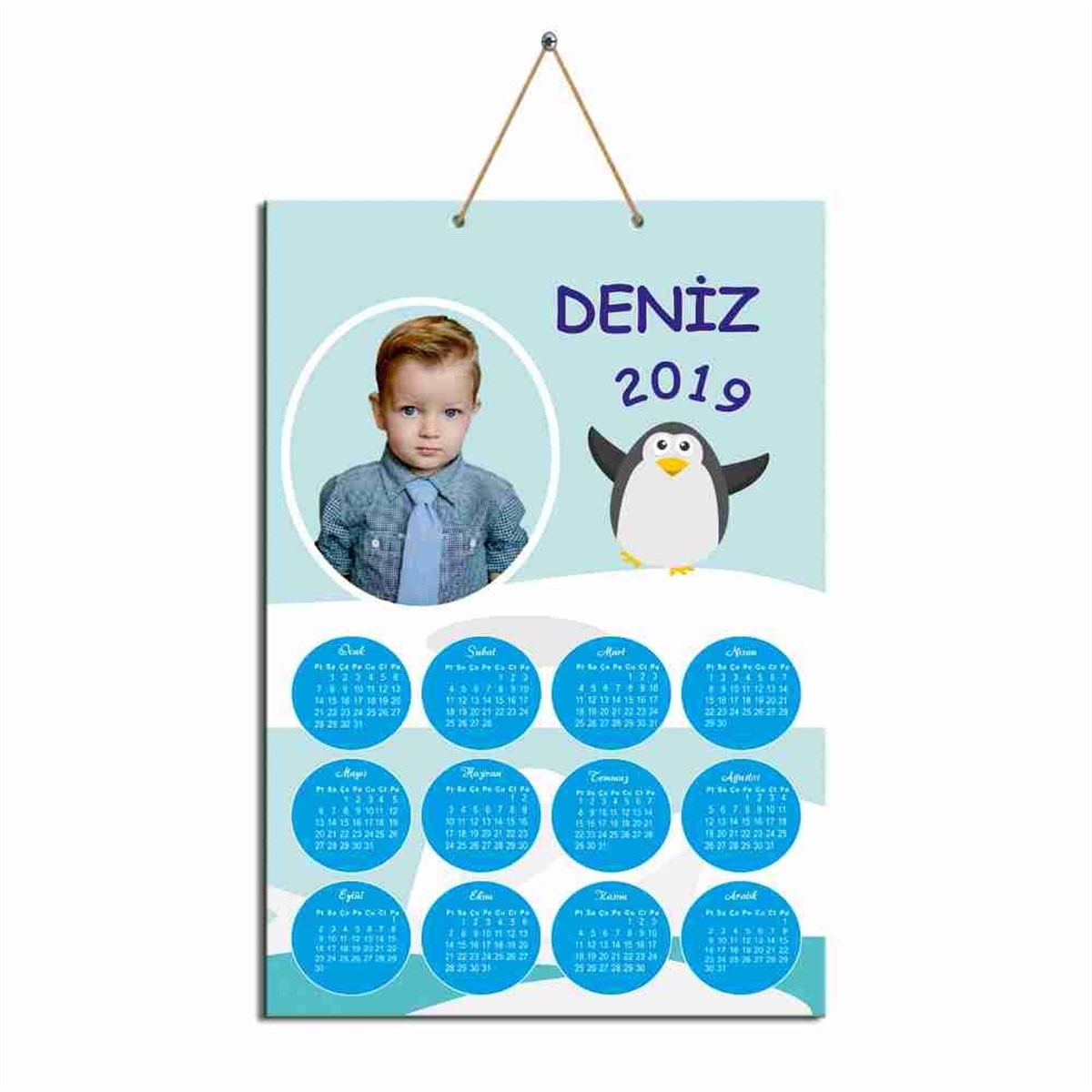 Doğum Günü Kişiye Özel Mavili Penguen Karton Takvim 