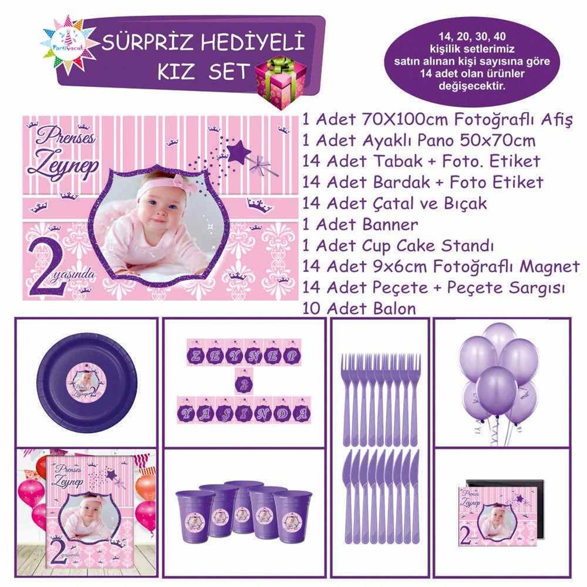 Doğum Günü Mor Pembe Prenses Sürpriz Set 