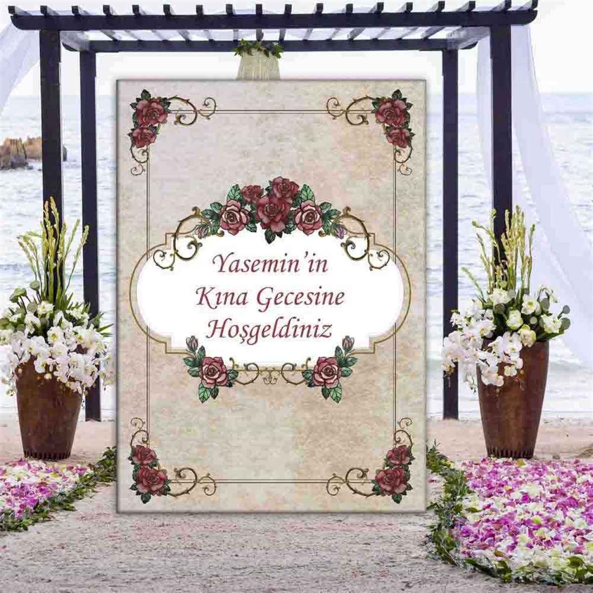 Eskitme Desenli Kına Karşılama Ayaklı Pano 