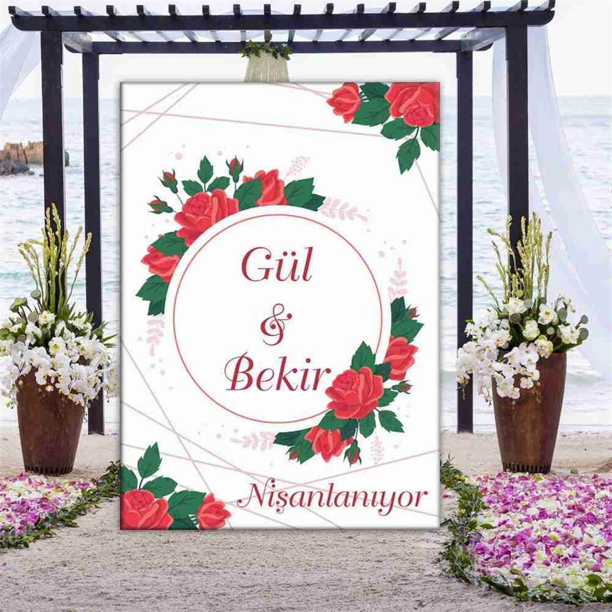 Gül Ve Yapraklı İsme Özel Nişan Ayağı Olan Pano 