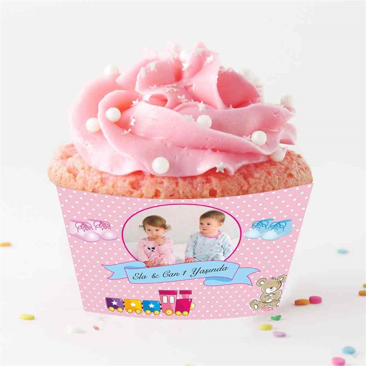 İkiz Pembe Puantiyeli Ayıcıklı Cupcake Sargısı  