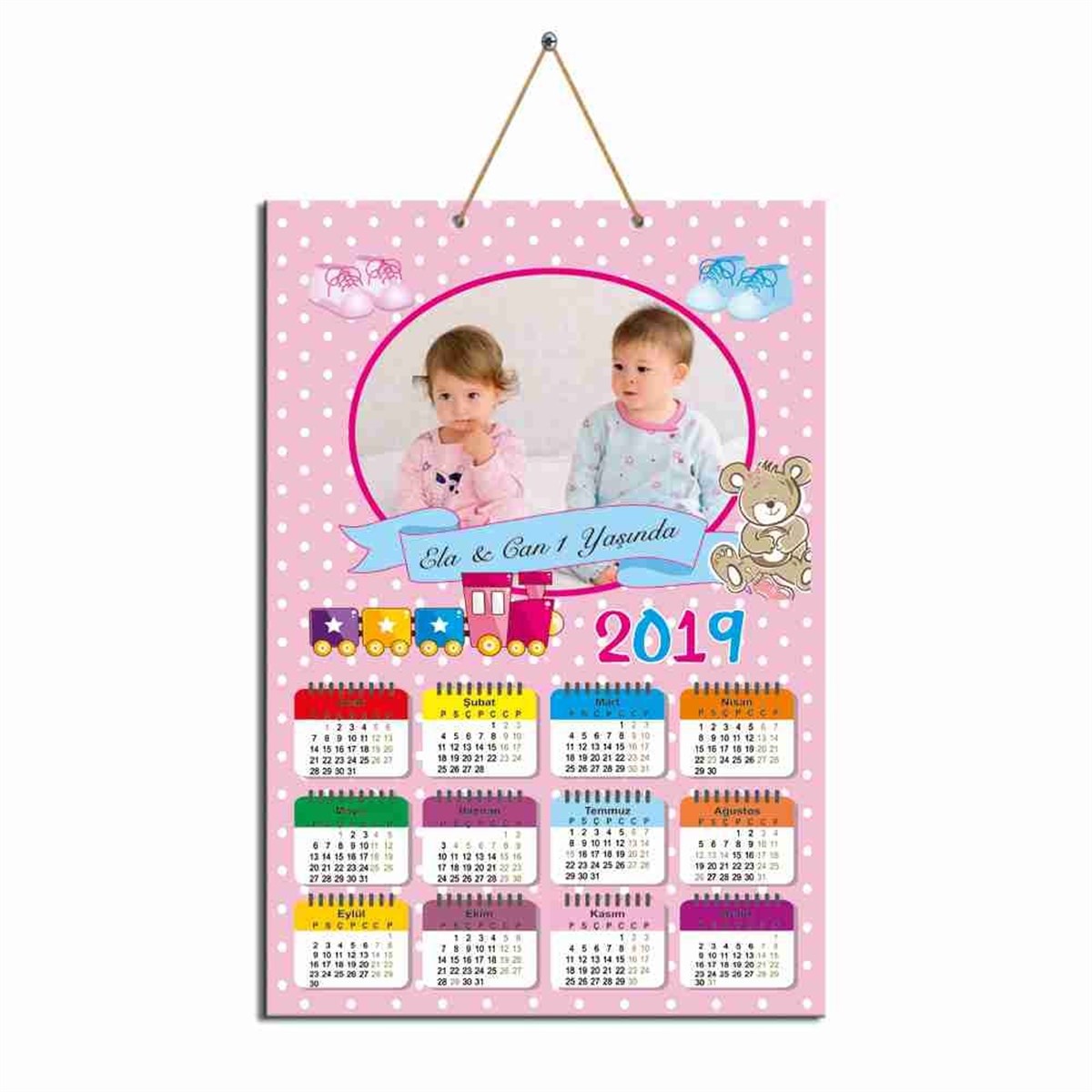 İkiz Pembe Puantiyeli Ayıcıklı Karton Takvim  