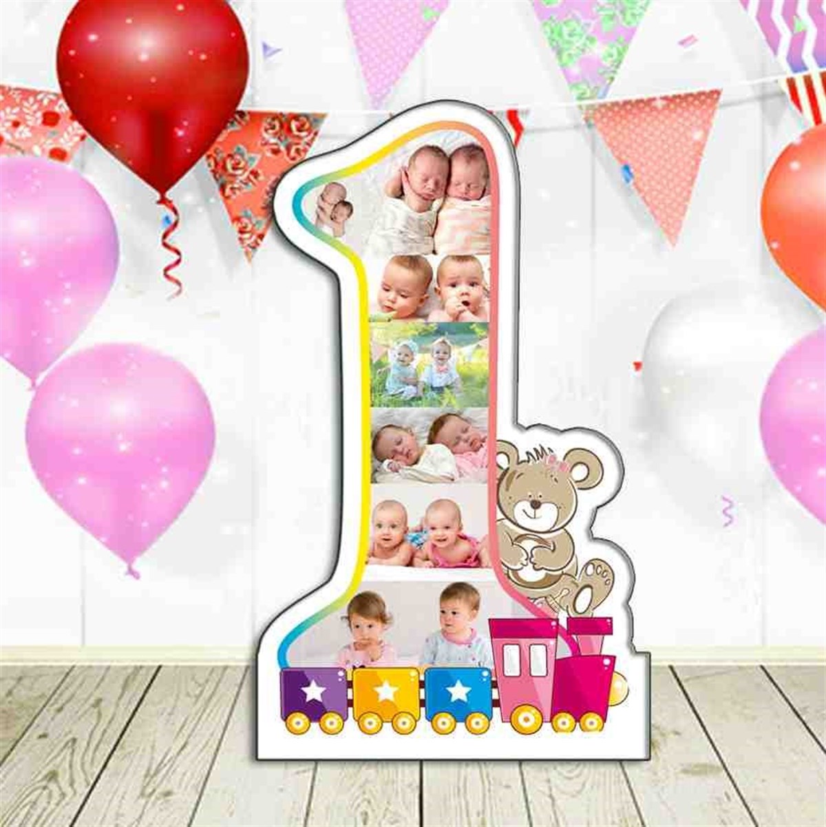 İkiz Pembe Puantiyeli Ayıcıklı Konsept Yaş Panosu  