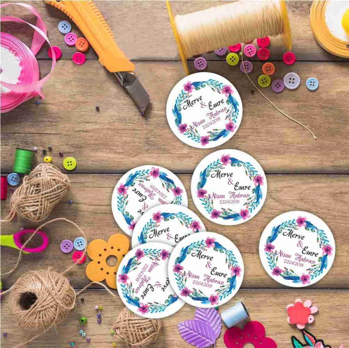 Kalpli Nişan Masa Süsleme Karton Etiket Baskı 30 Adet 
