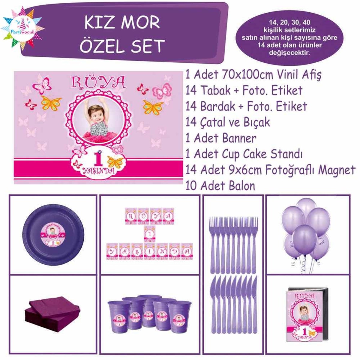 Kelebek Fuşya Parti Seti Konsept Özel Set 