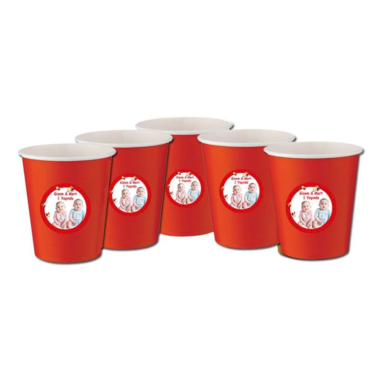 Kırmızı Puantiyeli Temalı Bardak ve Etiketi 5 Adet 
