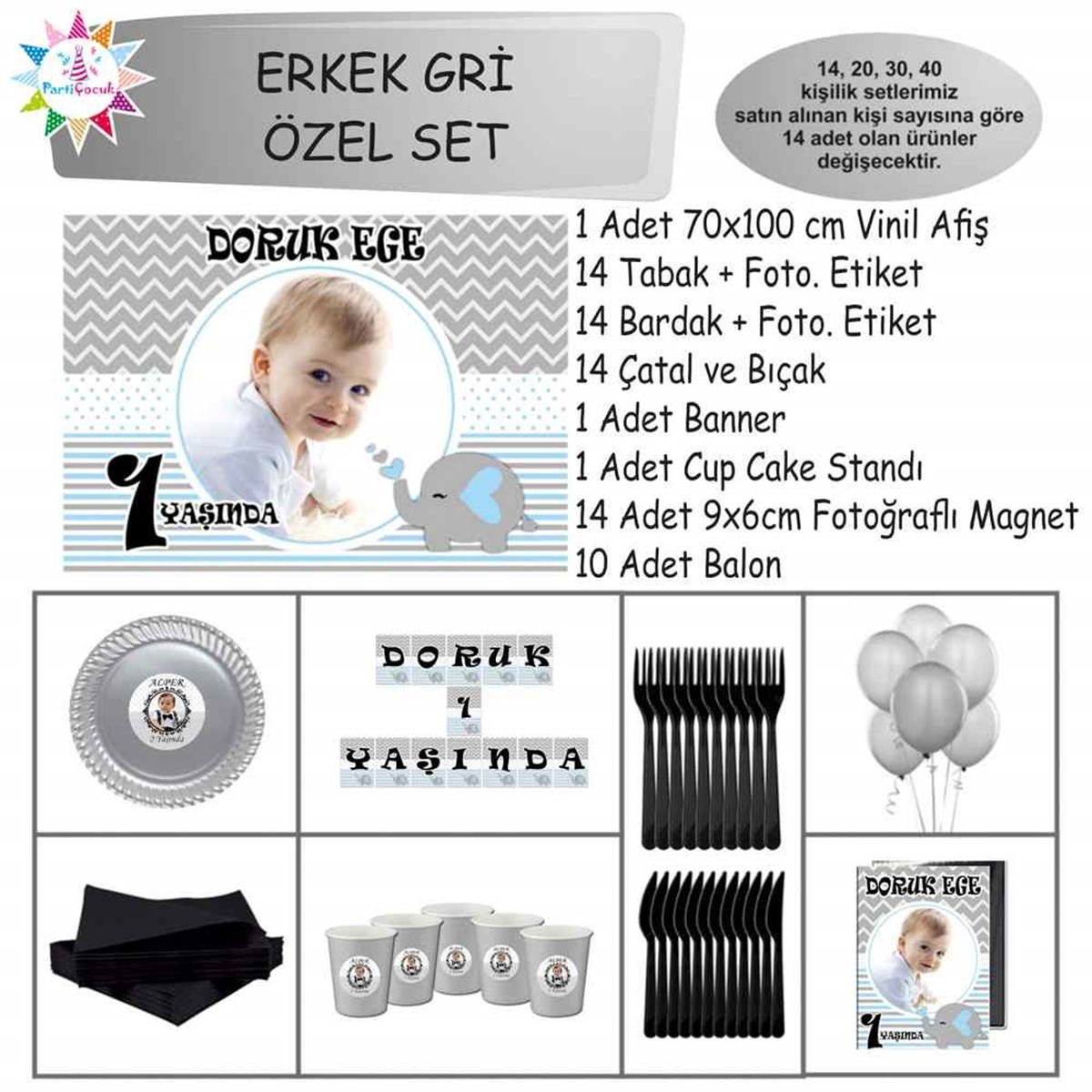 Kişiye Özel Mavi Filli Resimli İsimli Özel Set 