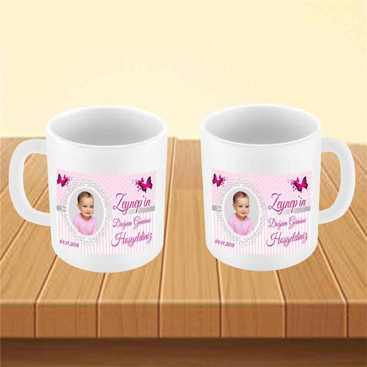 Kız Çocuğu Pembe Puantiyeli Kelebek Konsept Kupa Bardak Mug  