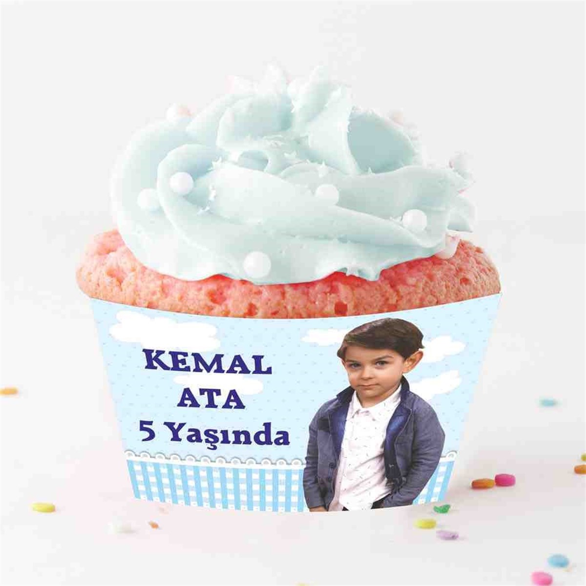 Mavi Bulutlu Sade Cupcake Sargısı 