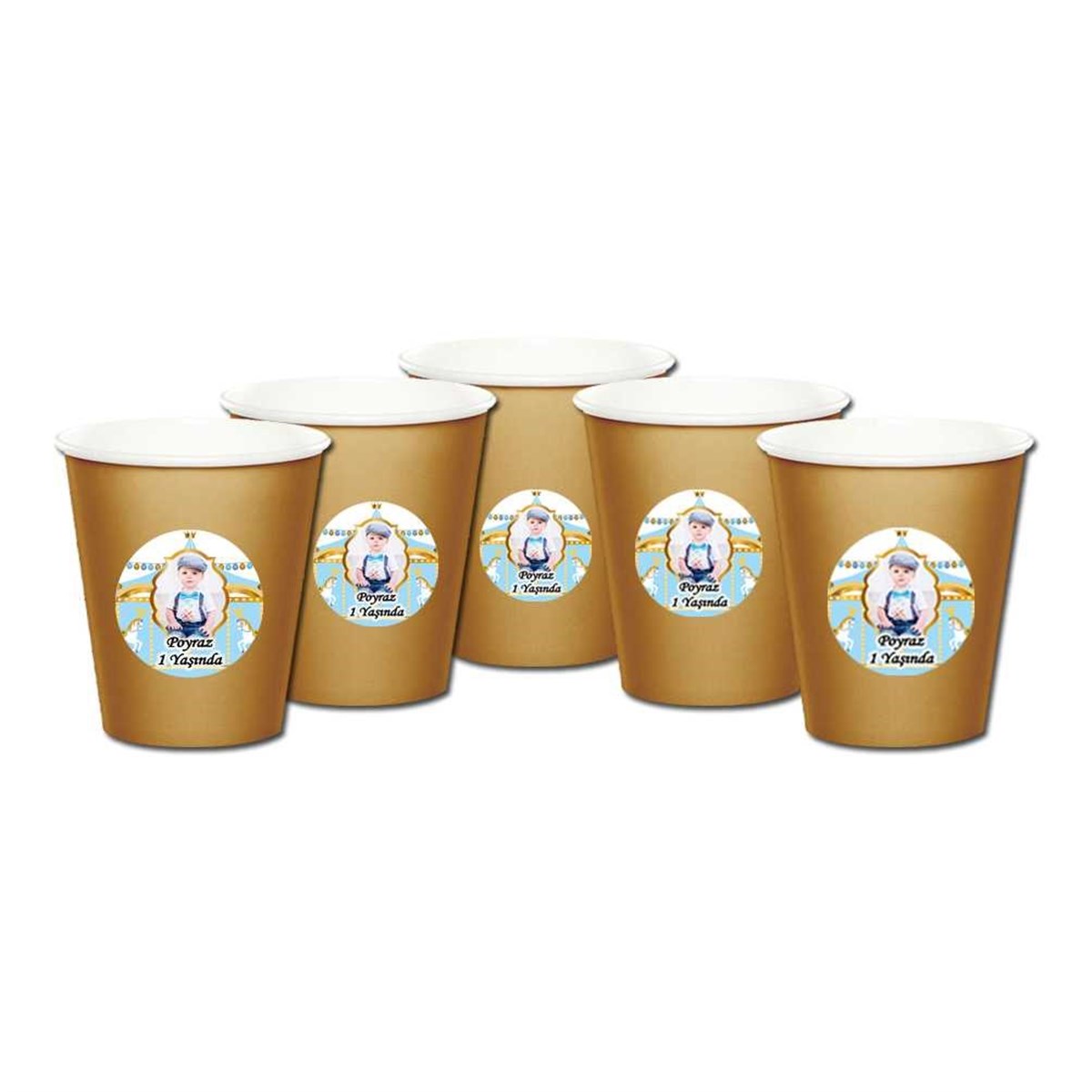 Mavi Resimli  Atlı Karınca Bardak ve Etiketi 5 Adet   