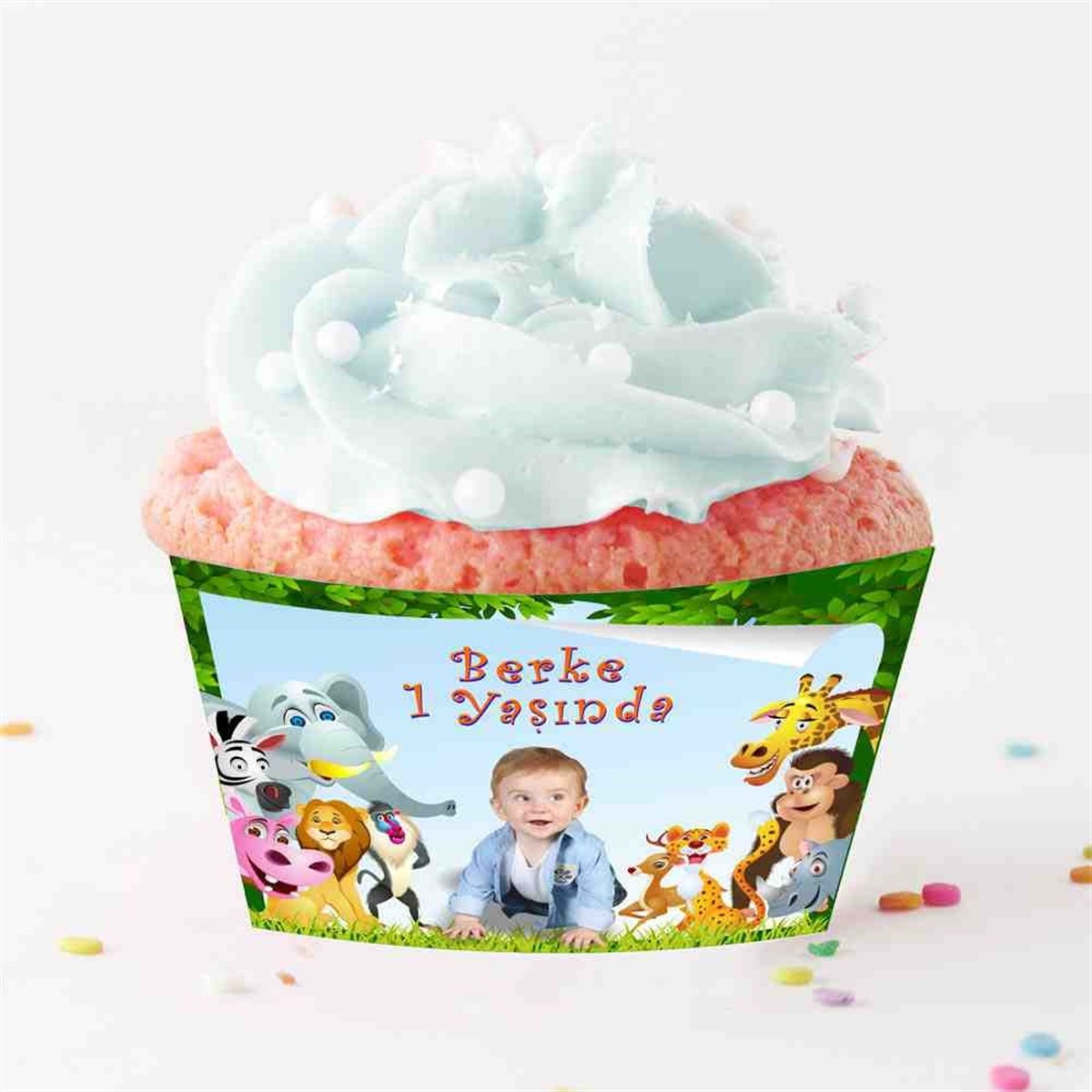 Mavi Safari Kosepti Cupcake Sargısı 