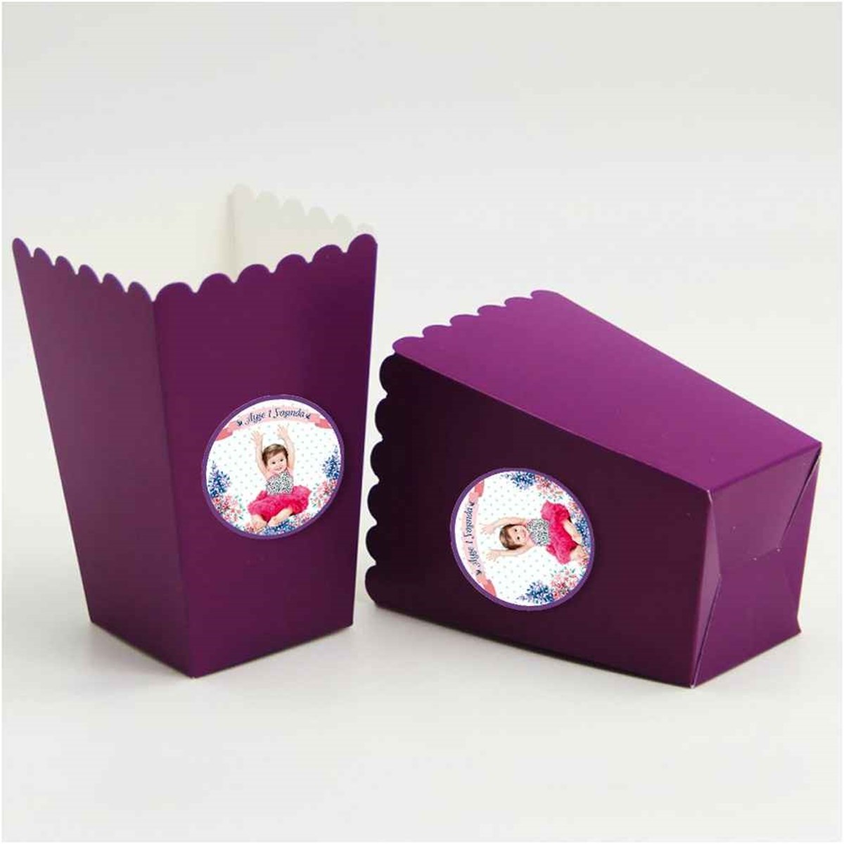 Mor Çiçek Konsept Etiketli Popcorn Kutusu 10 Adet 