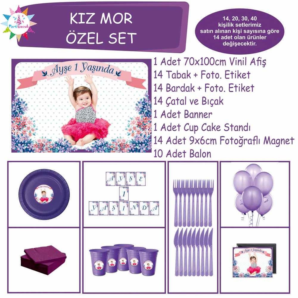 Mor Çiçek Parti Paketi Konsept Özel Set 