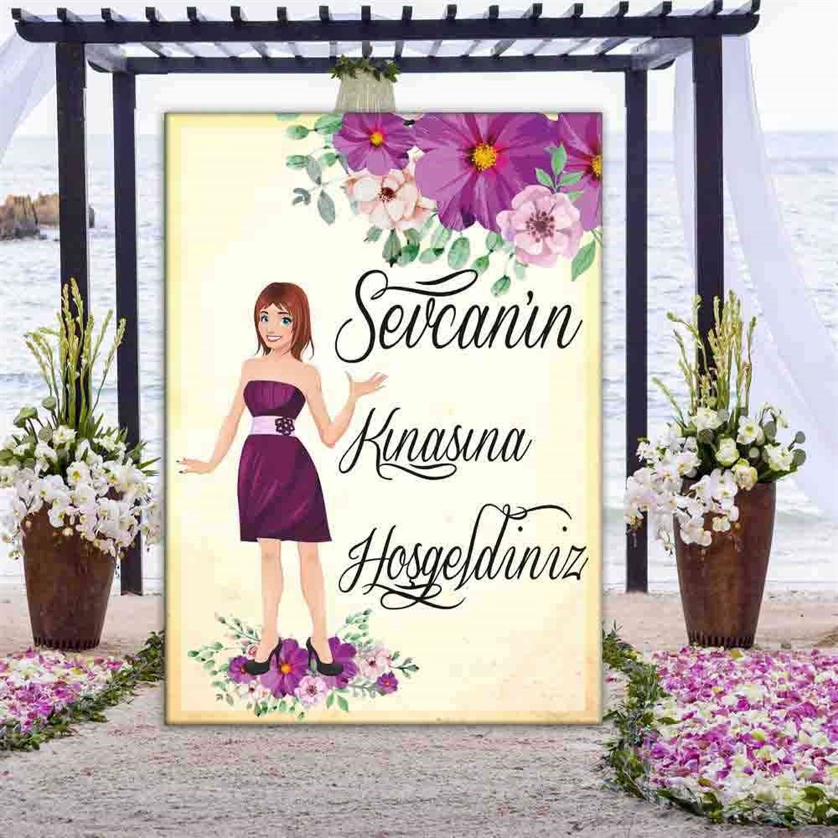 Mor Çiçekli Kına Kızlı Karşılama Pano 