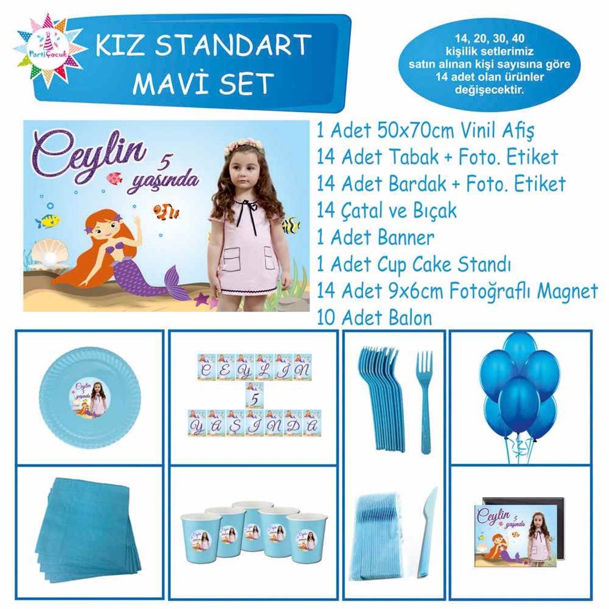 Mor Deniz Kızı Parti Malzemeleri Standart Set 