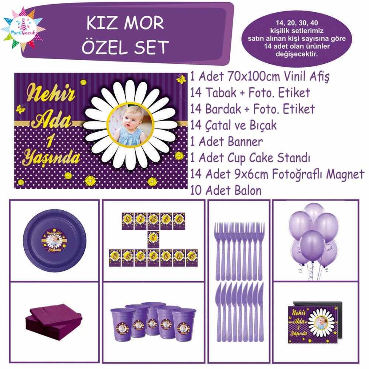 Mor Papatya Parti Sepeti Süsleri Konsept Özel Set 