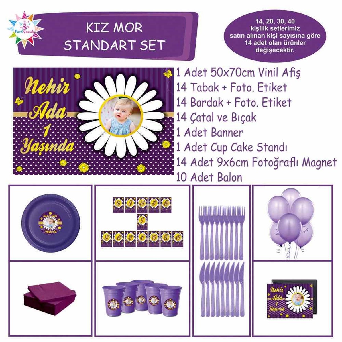 Mor Papatya Parti Sepeti Süsleri Konsept Standart Set 