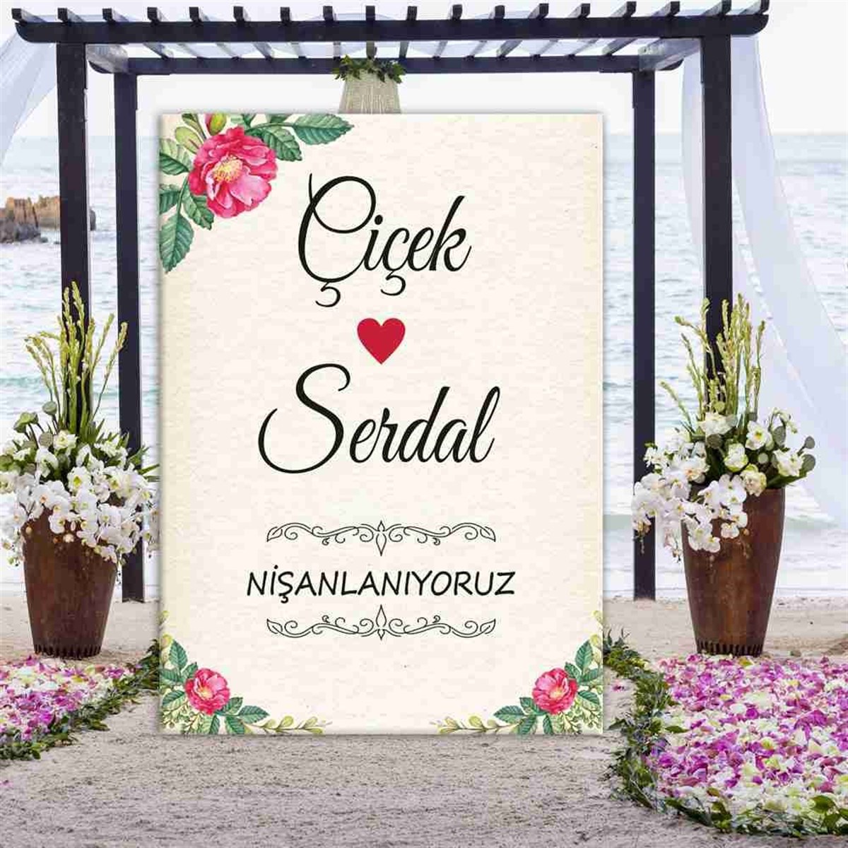 Nişan Çiçekli Baskılı Karşılama Pano 