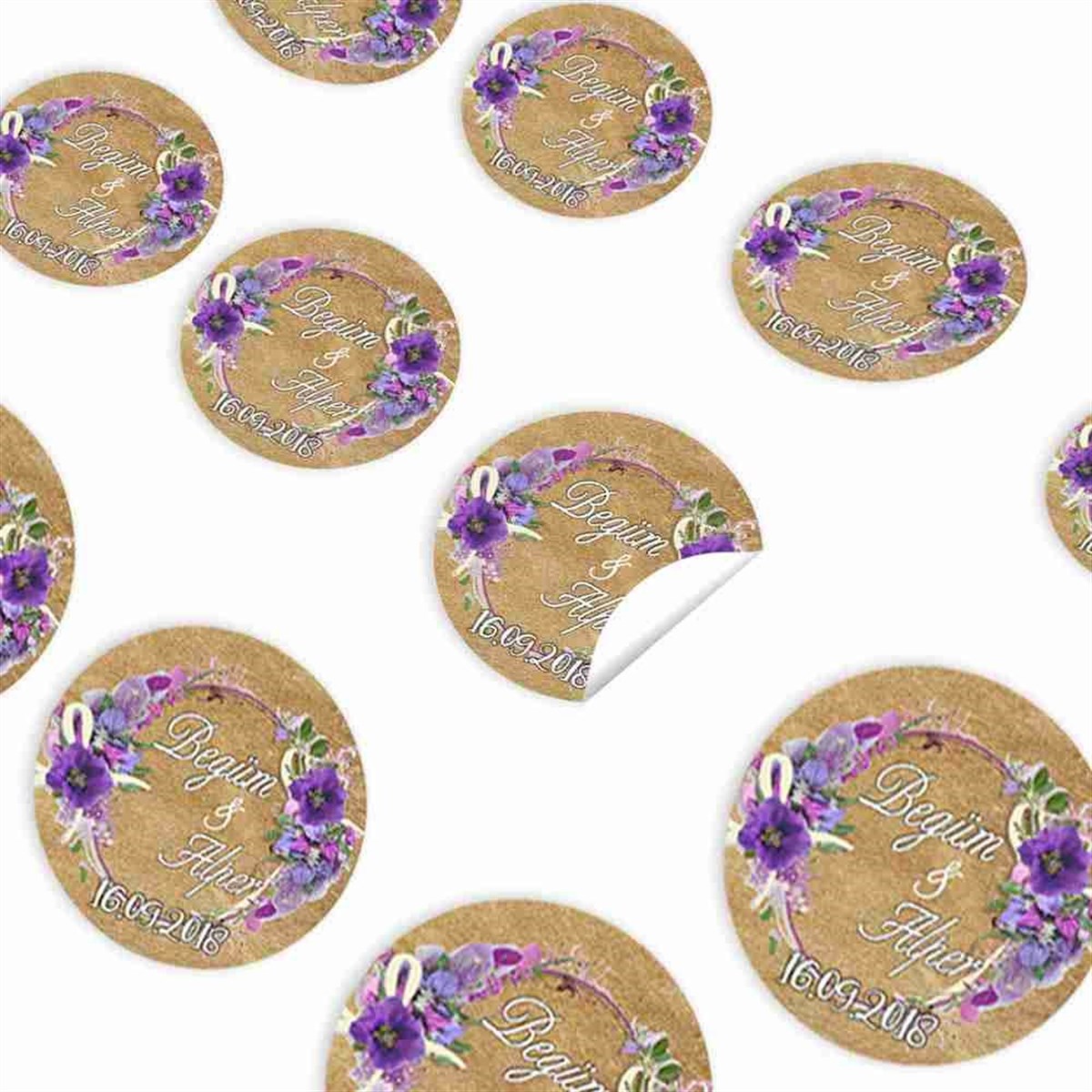 Nişan Konsepti Mor Çiçek Sticker 30 Adet 
