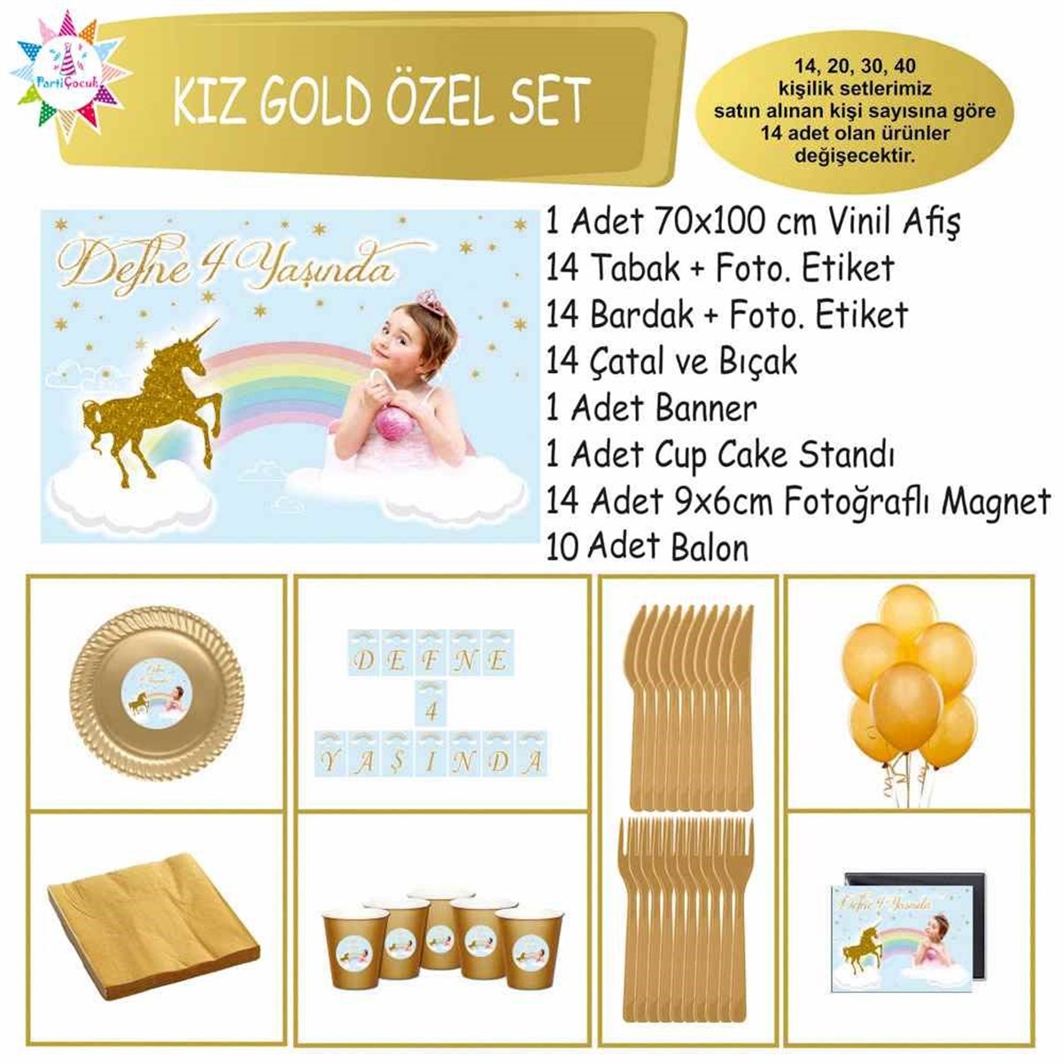 Parti Süsleri Seti Gold Unicorn Özel Set 