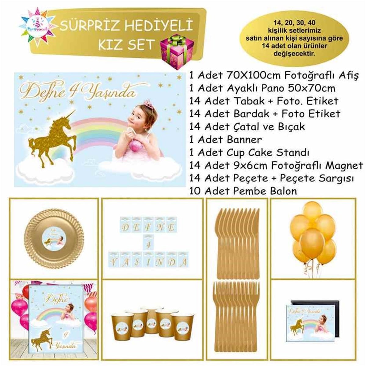 Parti Süsleri Seti Gold Unicorn Sürpriz Set 
