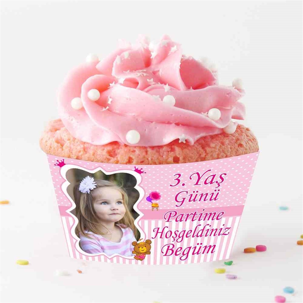 Pembe Çizgili Ayılı Cupcake Sargısı   