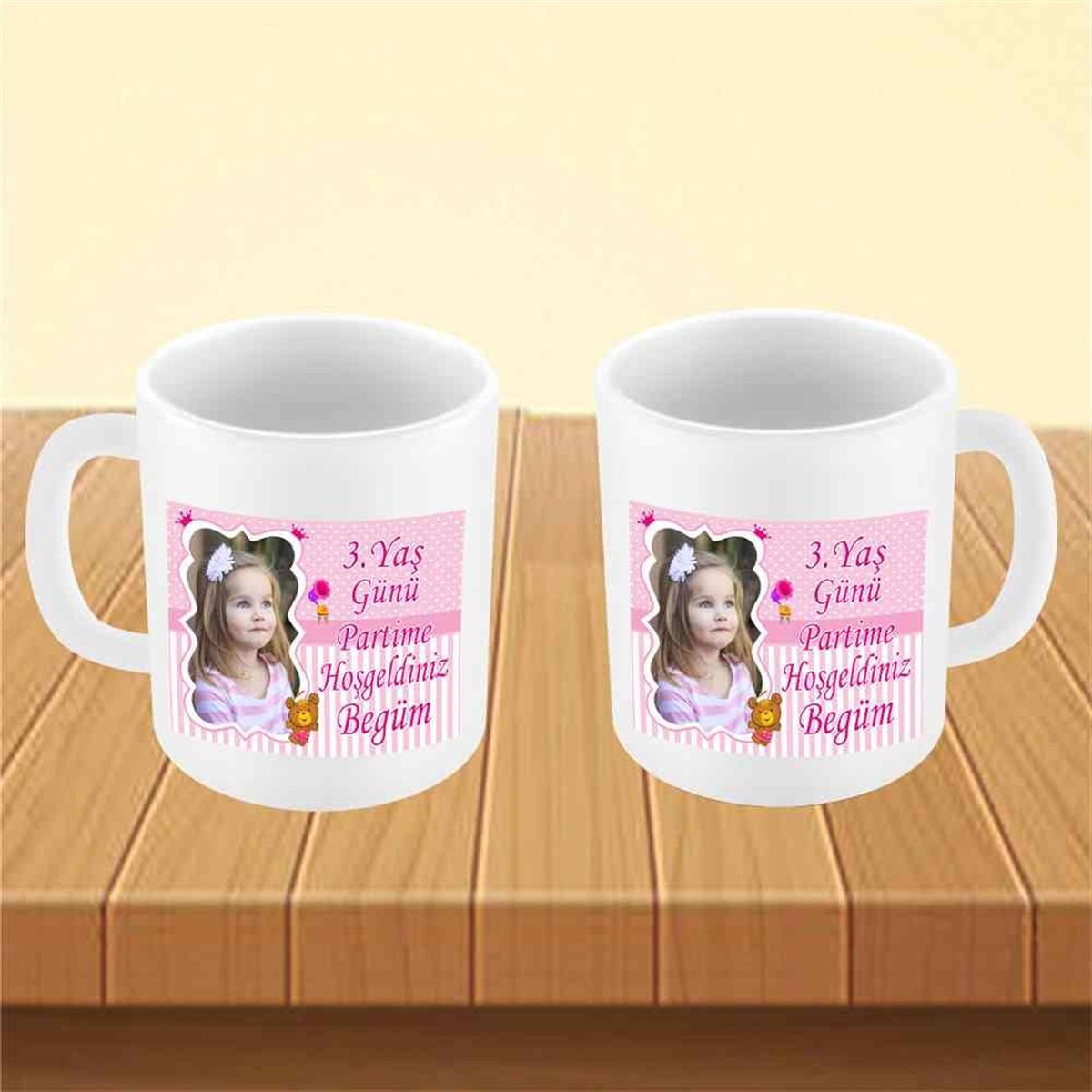 Pembe Çizgili Ayılı Konsept Kupa Bardak Mug  
