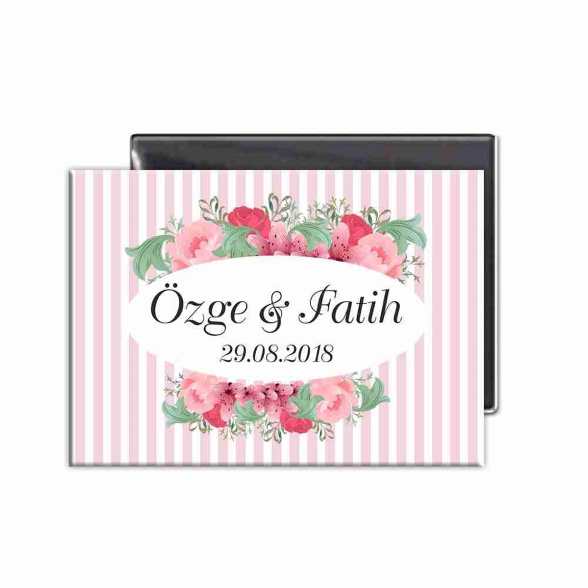 Pembe Çizgili Nişan Çiçekli Hediyelik Buzdolabı Süsü 