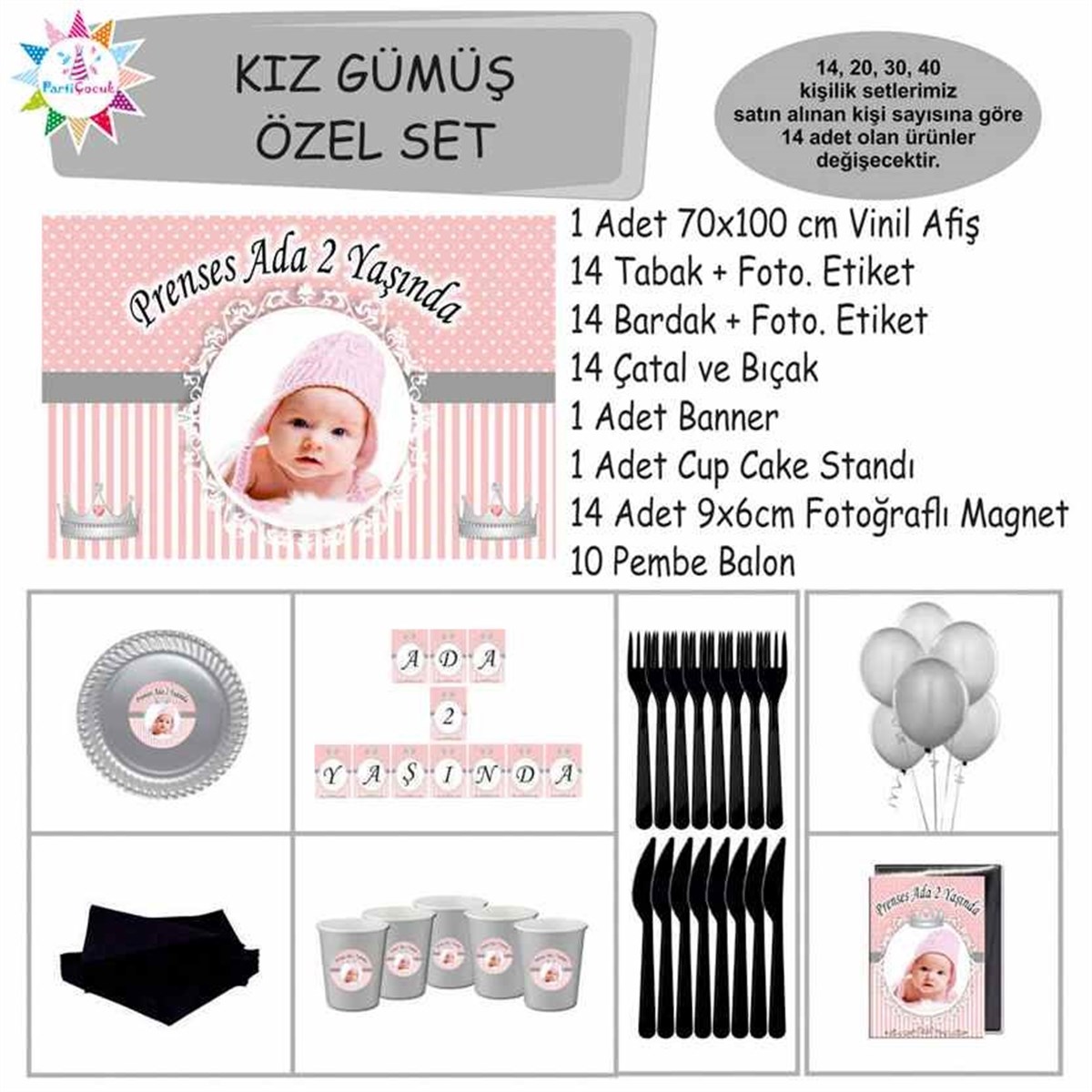 Pembe Gümüş Parti Süs Malzemeleri Özel Set 
