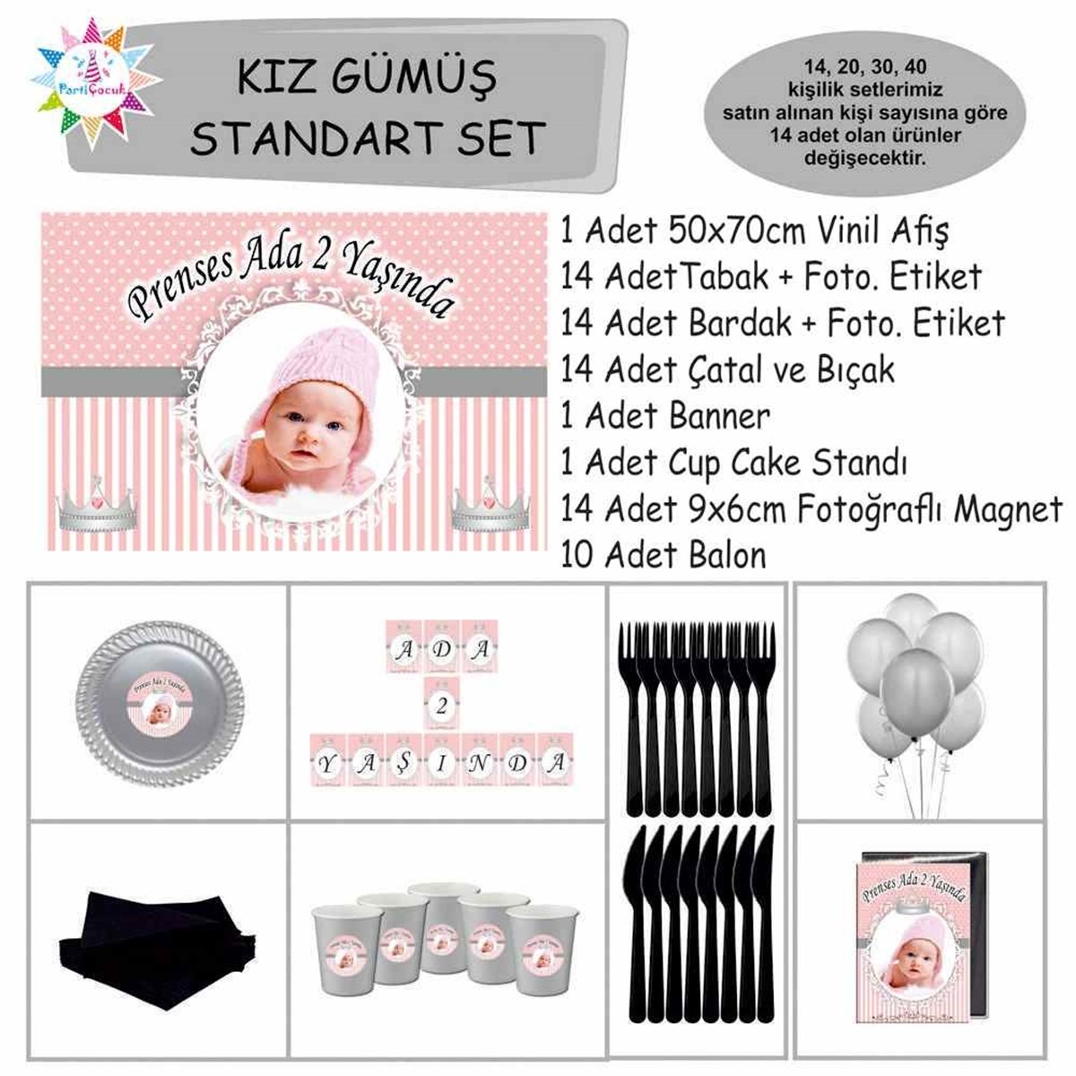 Pembe Gümüş Parti Süs Malzemeleri Standart Set 
