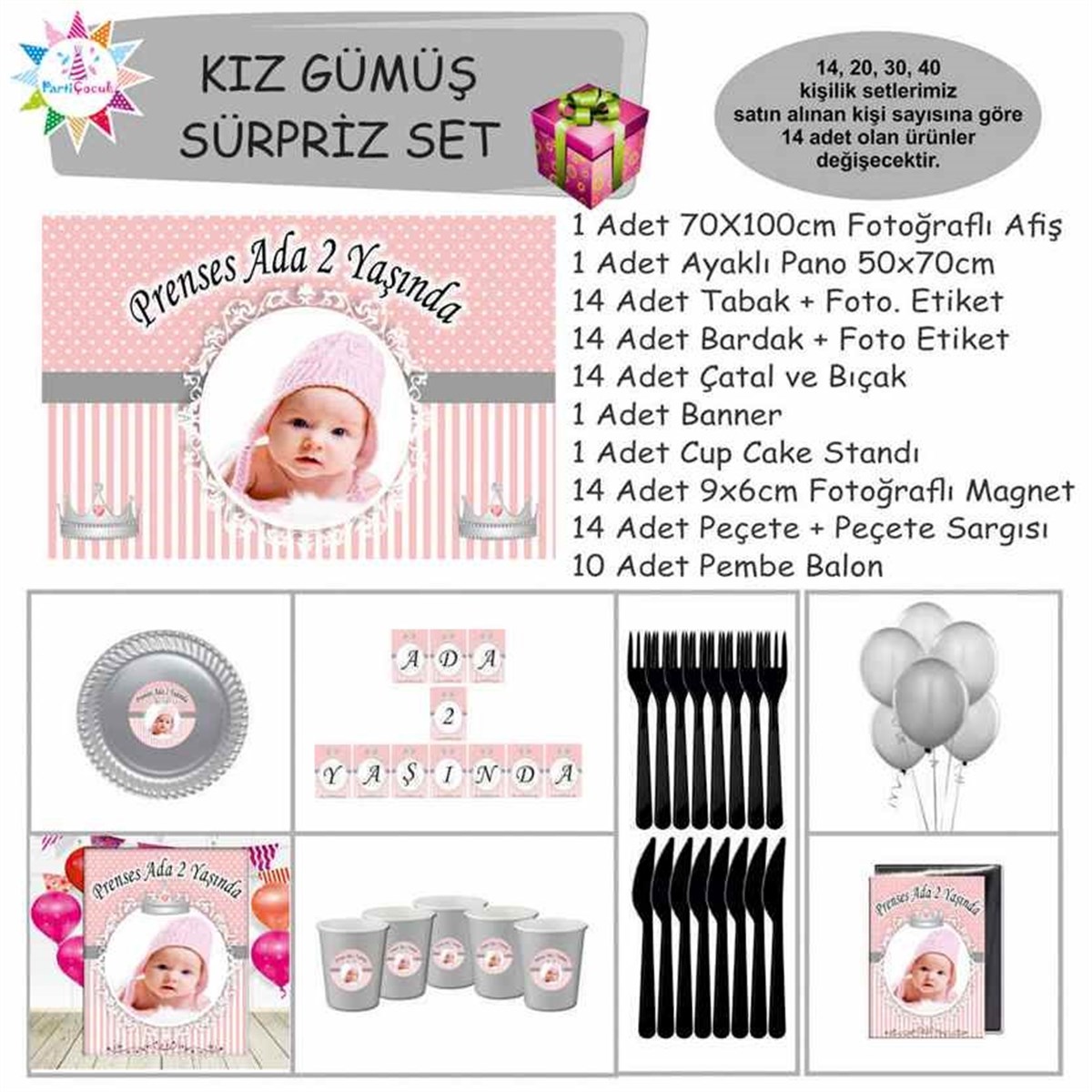 Pembe Gümüş Parti Süs Malzemeleri Sürpriz Set 