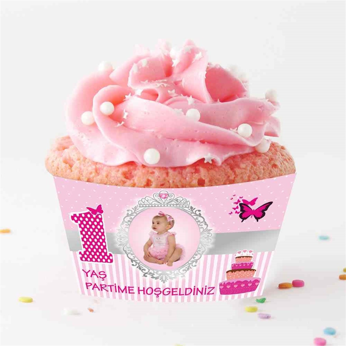 Pembe Kelebek Pasta Cupcake Sargısı  