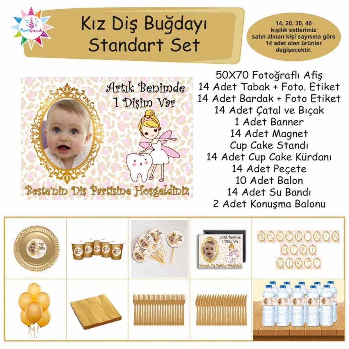 Pembe Leopar Peri ve Diş Parti Seti Standart Set 