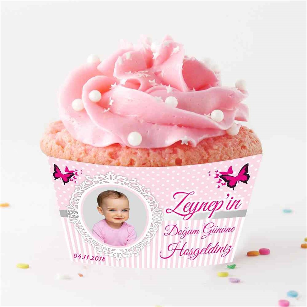 Pembe Puantiyeli Kelebek Cupcake Sargısı  