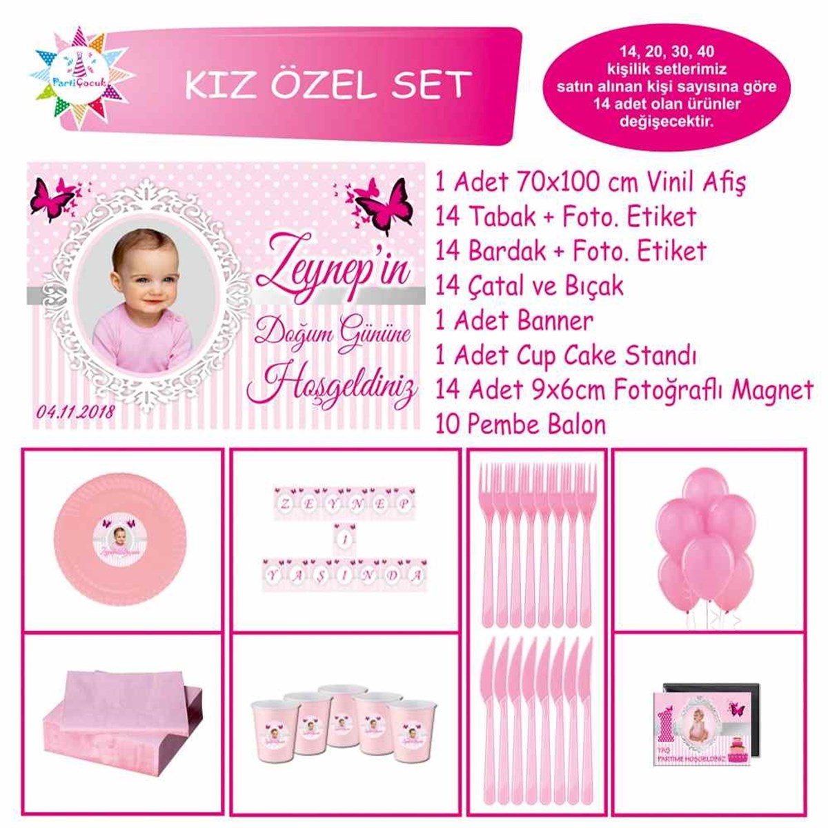Pembe Puantiyeli Kelebek Konsept Özel Set 