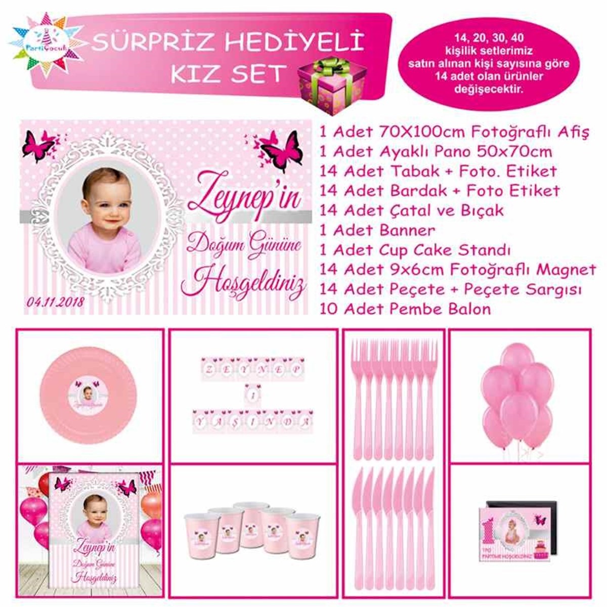 Pembe Puantiyeli Kelebek Konsept Sürpriz Set 