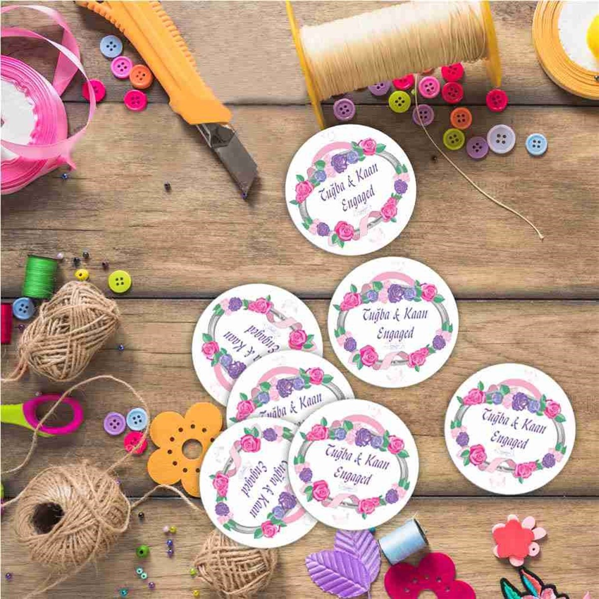 Pembe Şeritli Nişan Karton Etiket Masa Süsleme 30 Adet 