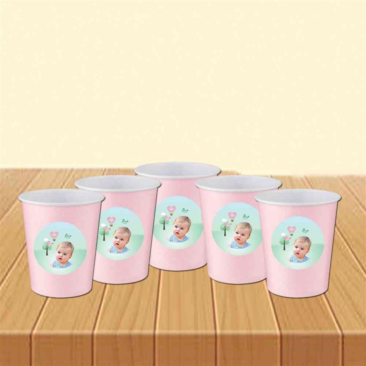 Pembe Sirk Konsept Karton Bardak ve Etiketi 5 Adet 