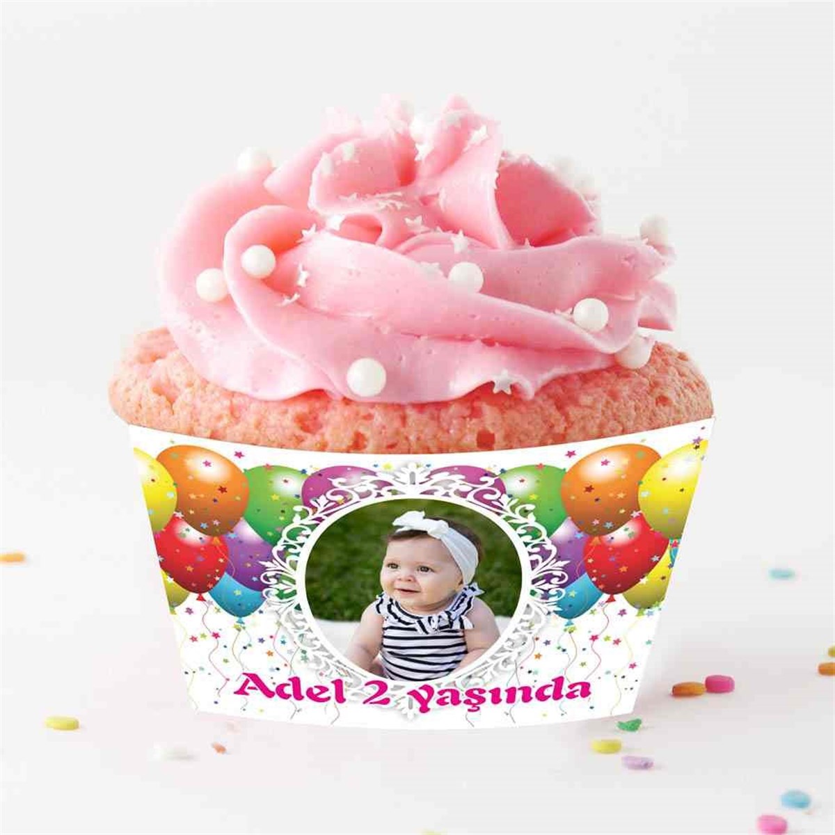 Renkli Balonlu Cupcake Sargısı   