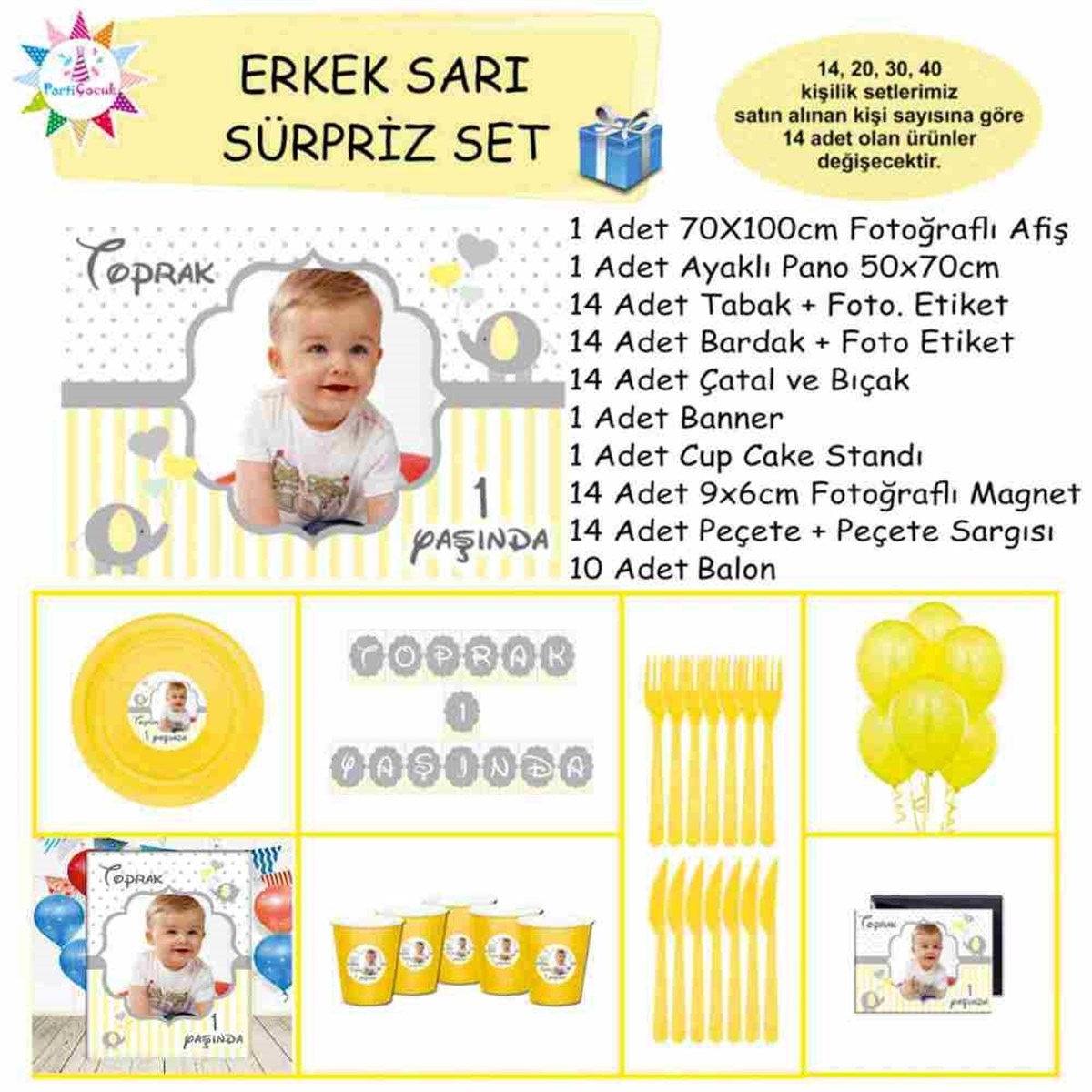Sarı Filli Parti Süsleri Süpriz Set 