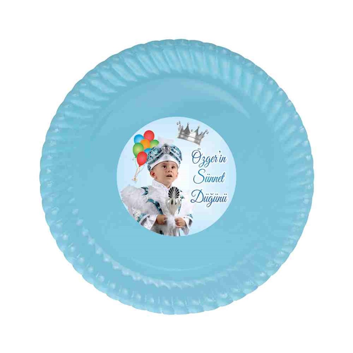 Sünnet Balonlu ve Gümüş Taçlı Parti Tema Etiketli Tabak 