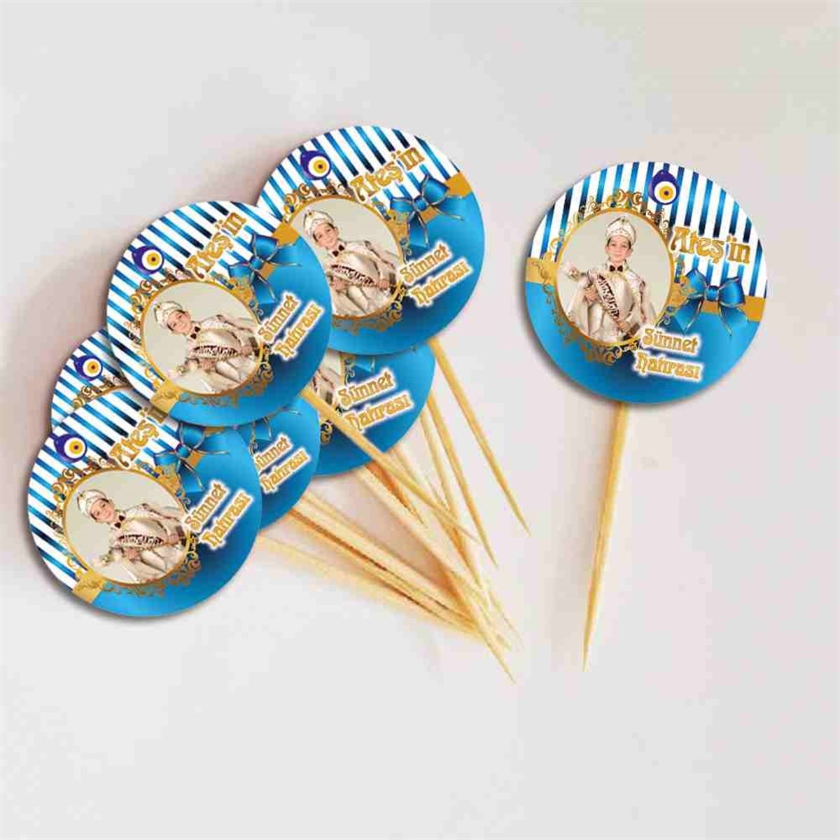 Sünnet Gold Mavi Boncuklu Parti Süsleri Cupcake Kurdanı 